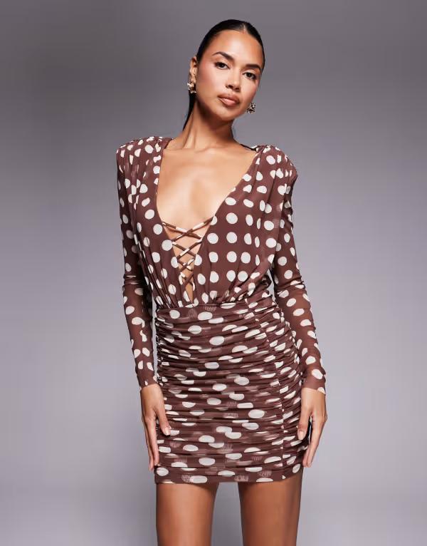 エーエフアールエム レディース トップス ワンピース ドット柄 ミニワンピース ドット プリント ミニ AFRM long sleeved plunge mini dress in chocolate polka dot print Chocolate Halo dot チョコレート