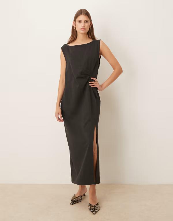 マンゴ レディース トップス ワンピース ミディワンピース ミディ ノースリーブ Mango boat neck sleeveless midi dress with slit in charcoal CHARCOAL チャコール