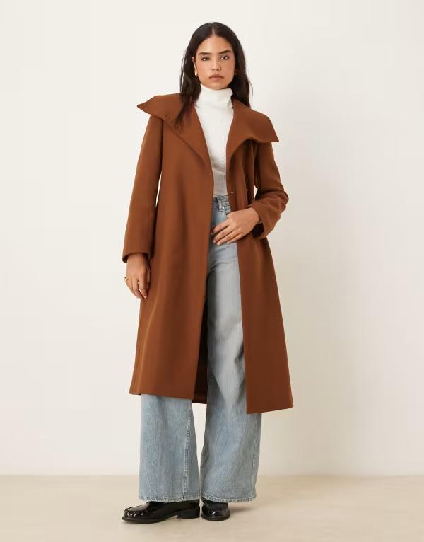 マンゴ レディース アウター コート ウール Mango wool mix tailored coat with oversized collar BROWN ブラウン