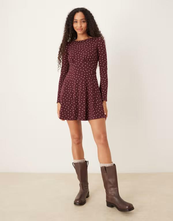 ノーバディーズ チャイルド レディース トップス ワンピース ミニワンピース ミニ Nobody's Child Tate long sleeve mini dress dot Burgundy spot バーガンディ