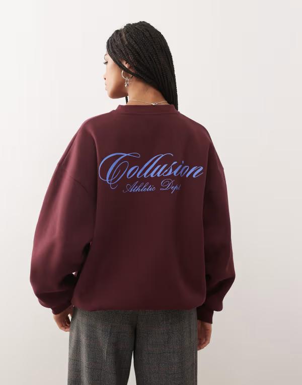 コルージョン レディース アウター パーカー・スウェット 流汗 プルオーバー グラフィック COLLUSION sweatshirt with collusion graphic Burgundy バーガンディ