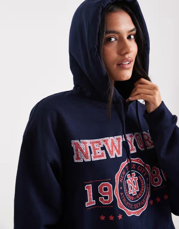 ミスセルフフリッジ レディース アウター パーカー・スウェット パーカー Miss Selfridge new york varsity hoodie NAVY 米国海軍