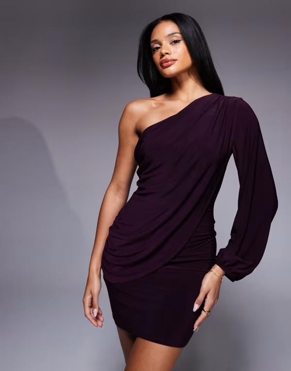 エイソス レディース トップス ワンピース ミニワンピース ドレープ ミニ ASOS DESIGN draped one sleeve mini dress in plum Plum プラム