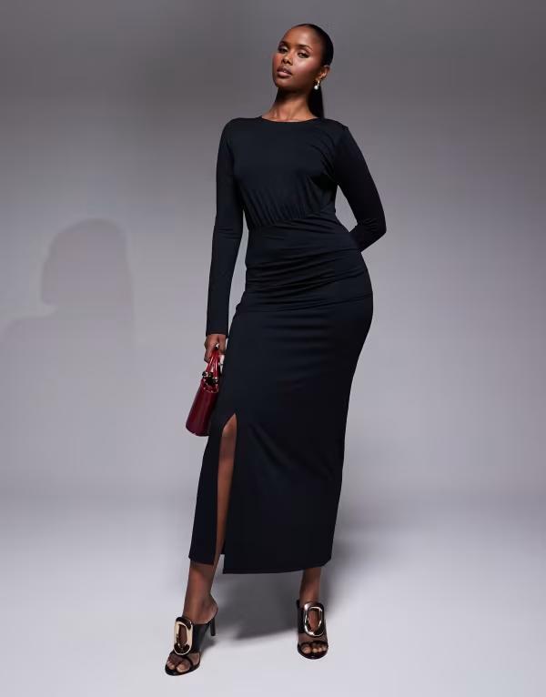 エイソス レディース トップス ワンピース ウエストマーク マキシワンピース フロントスリット マキシ ASOS DESIGN cinched waist front slit detail maxi dress Black ブラック