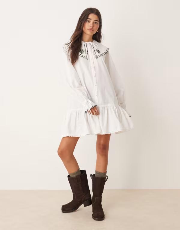 ミスセルフフリッジ レディース トップス ワンピース ミニワンピース ミニ 刺繍 Miss Selfridge embroidered collar mini dress WHITE ホワイト