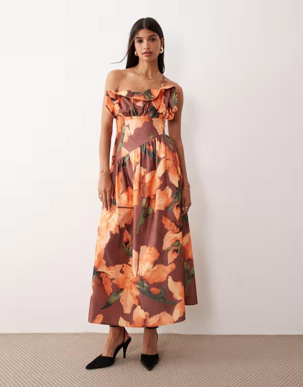 エイソス レディース トップス ワンピース アシンメトリー ミディワンピース フラワー柄 プリント フリル ミディ フラワー ASOS DESIGN structured ruffle bust asymmetric midi dress in dark orange floral print Orange floral オレンジ