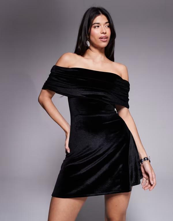 エイソス レディース トップス ワンピース ミニワンピース ミニ ベルベット ASOS DESIGN velvet off shoulder skater mini dress black ブラック