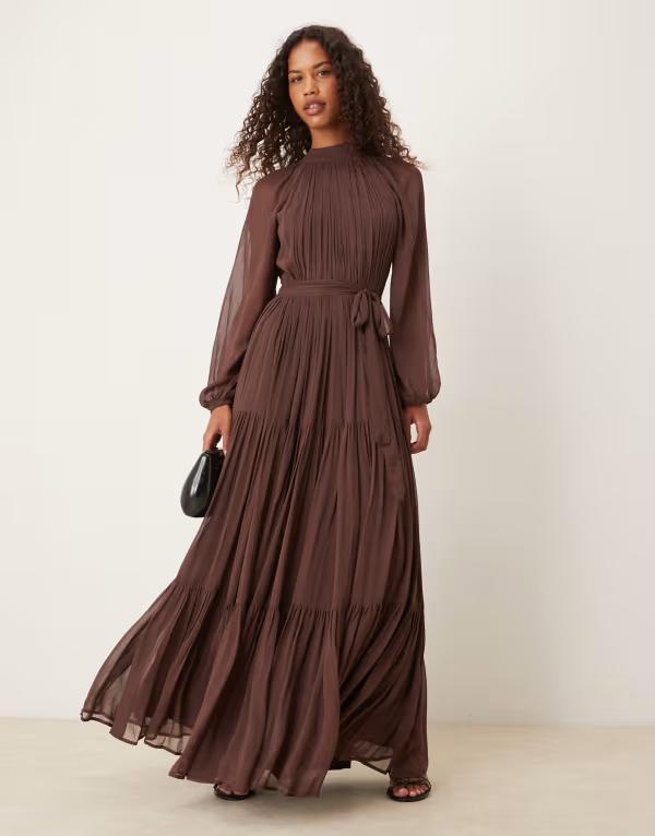レース アンド ビーズ レディース トップス ワンピース シフォン バルーンスリーブ マキシワンピース マキシ Lace & Beads chiffon balloon sleeve maxi dress in chocolate Chocolate Brown ブラウン｜ReVida 店