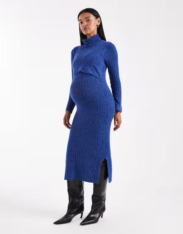 ママライシアス レディース トップス ワンピース ミディワンピース リブ ミディ ニット マタニティ Mama.licious Mamalicious Maternity soft knit ribbed midi dress with nursing function melange Mazarine Blue ブルー｜ReVida 店