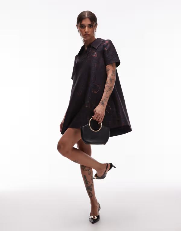 アンドアザーストーリーズ レディース トップス ワンピース ミニ トール & Other Stories metallic jacquard mini swing dress with collar in tonal butterfly pattern Dark blue ブルー 29,120円