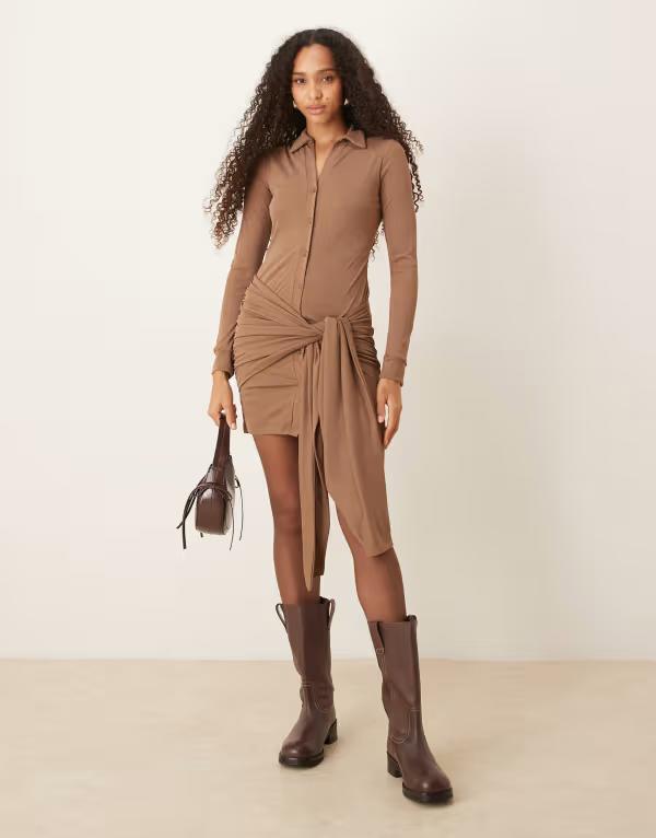 エイソス レディース トップス 衣装 プルオーバー衣装 ミニ メッシュ プルオーバー ASOS DESIGN textured mesh mini shirt dress with wrap tie waist インチ mocha Mocha モカ