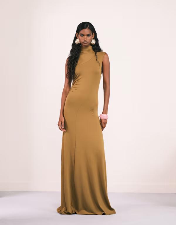 エイソス レディース トップス ワンピース ハイネック マキシワンピース ドレープ マキシ ASOS DESIGN high neck seamed drape maxi dress in mustard MUSTARD マスタード