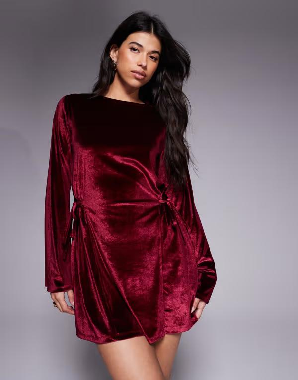 エイソス レディース トップス ワンピース タイディテール ミニワンピース ミニ ベルベット ASOS DESIGN velvet cord mini dress with flared sleeves and tie detail Burgundy バーガンディ