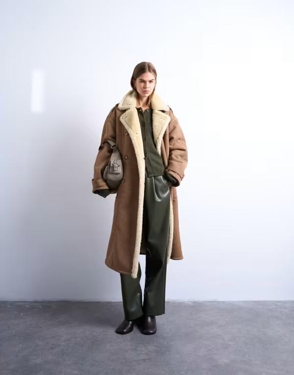 いの一番販売店 レディース アウター 厚地の外套 Topshop formal longline faux shearling coat and cream Brown/Cream 皮膚軟化剤 レディースファッション-コート・ジャケット