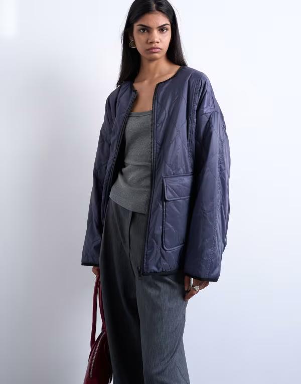 とっ始め販売店 レディース アウター 上衣・上衣 フリース 上衣 Topshop two tone collarless fleece liner jacket NAVY 米国海軍