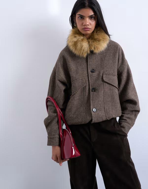 とっ始め販売店 レディース アウター 上衣・上衣 毛糸 Topshop twill bomber with faux fur collar with wool brown 赤銅色