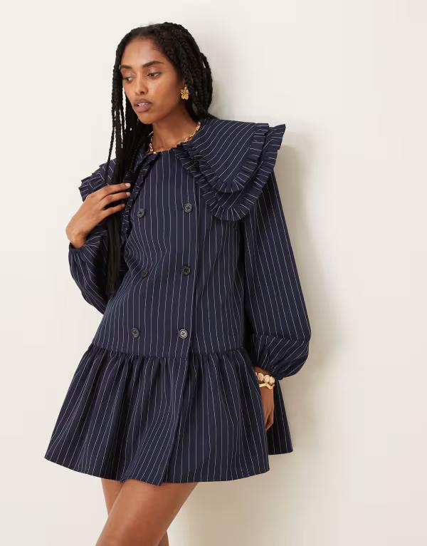 ネオンローズ レディース トップス ワンピース ミニ Neon Rose pinstriped double collar mini smock dress NAVY ネイビー