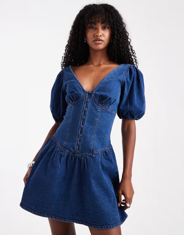 ミスセルフフリッジ レディース トップス ワンピース ミニワンピース ミニ デニム Miss Selfridge puff sleeve denim mini dress in indigo INDIGO インディゴ