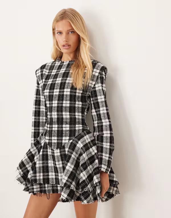 エイソス レディース トップス 衣装 ミニ衣装 ミニ ASOS DESIGN slash neck dropped waist mini dress with distressed hem インチ check Mono check 照合のしるし