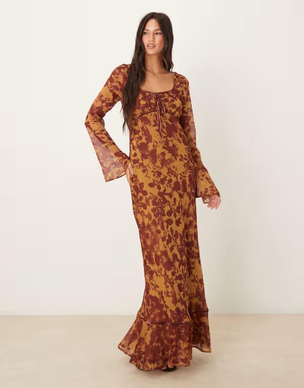 エイソス レディース トップス ワンピース マキシワンピース ギャザー マキシ ASOS DESIGN ruched bust long sleeve maxi dress in orange abstract Orange Abstract オレンジ 14,220円