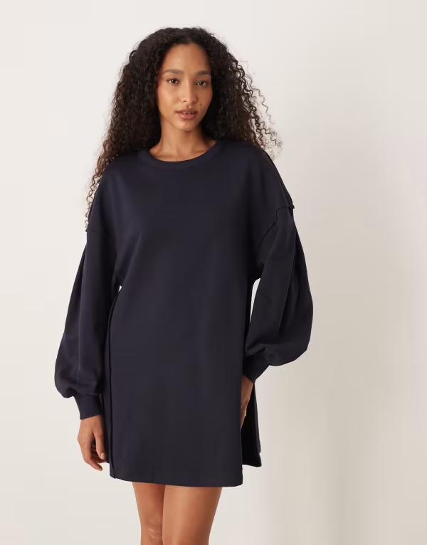 エイソス レディース トップス ワンピース ミニワンピース ミニ スウェット シャツ コットン ASOS DESIGN cotton trapeze sweatshirt fabric mini dress NAVY ネイビー 6,986円