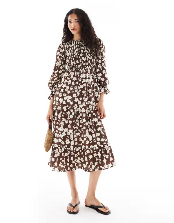 ウェンズデーガール レディース トップス ワンピース フラワー柄 フラワー Wednesday's Girl ditsy floral shirred detail midaxi smock dress BROWN ブラウン｜ReVida 店 12,411円