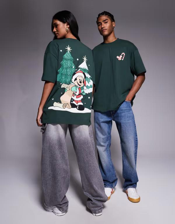 エイソス レディース トップス Tシャツ プリント シャツ ASOS DESIGN Disney Christmas Unisex oversized t-shirt with Mickey prints in dark Deep forest フォレスト