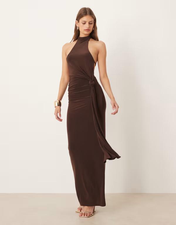 エイソス レディース トップス ワンピース マキシワンピース マキシ ASOS DESIGN slinky knot front cowl neck maxi dress in chocolate Chocolate チョコレート