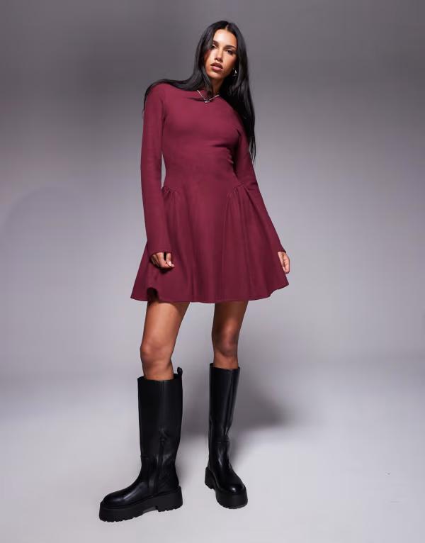 エイソス レディース トップス ワンピース ミニワンピース ミニ ASOS DESIGN supersoft long sleeve godet mini dress Burgundy バーガンディ｜ReVida 店 13,110円