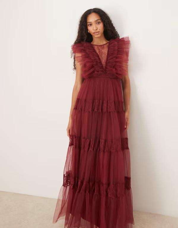 レース アンド ビーズ レディース トップス ワンピース マキシワンピース シアー マキシ Lace & Beads sheer lace plunge maxi dress in oxblood Oxblood オックスブラッド
