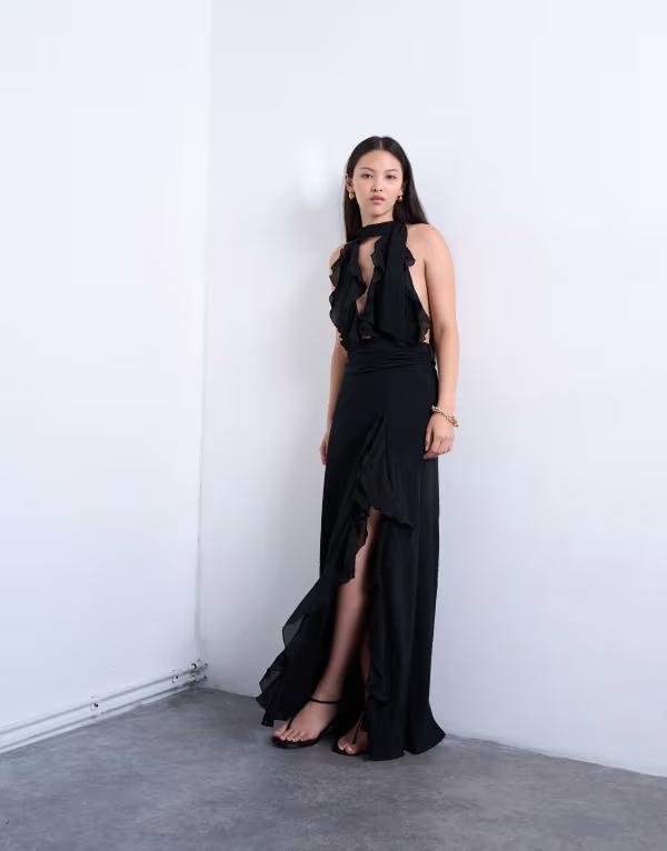 トップショップ レディース トップス ワンピース フリル マキシ Topshop deep plunge ruffle maxi gown Black ブラック