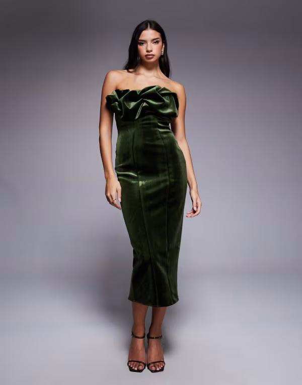 エイソス レディース トップス 衣装 midi衣装 フラウンス midi 天鵞絨 ASOS DESIGN bonded velvet bandeau structured MIDI dress with ruffle bodice detail Khaki カーキ