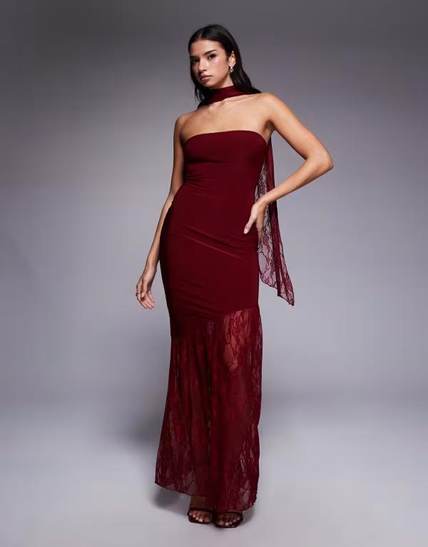 ファッションキラ レディース トップス ワンピース マキシワンピース シアー レース マキシ Fashionkilla double sculpted slinky bandeau sheer lace hem scarf detail maxi dress Burgundy バーガンディ