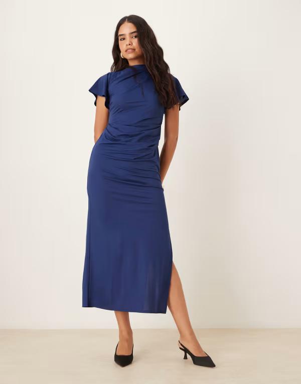 エイソス レディース トップス ワンピース マキシワンピース ドレープ マキシ ASOS DESIGN draped angel sleeve maxi dress NAVY ネイビー