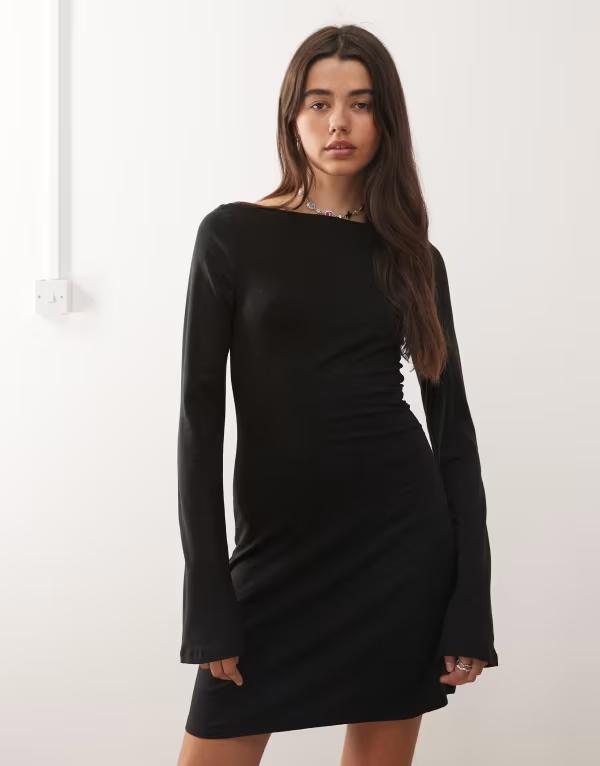 ウィークデイ レディース トップス ワンピース ミニワンピース ミニ Weekday boat neck long sleeve mini dress - exclusive to ASOS Black ブラック