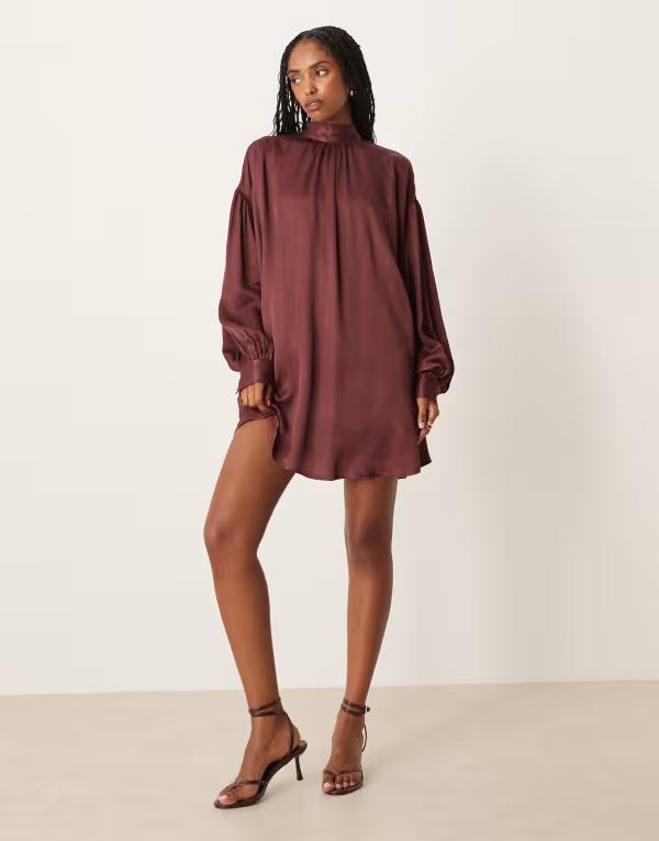 エイソス レディース トップス ワンピース オープンバック ハイネック ミニワンピース ミニ サテン ASOS DESIGN high neck blouson sleeve open back satin slip mini dress in chocolate Chocolate チョコレート