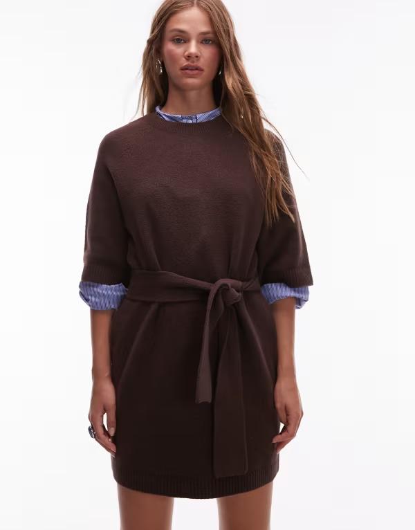 アンドアザーストーリーズ レディース トップス ワンピース ミニワンピース ミニ ニット & Other Stories knit belted mini dress with wide sleeves BROWN ブラウン