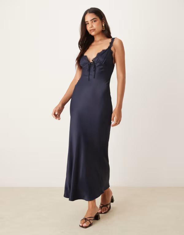 エイソス レディース トップス ワンピース レーストリム マキシワンピース サテン レース マキシ ASOS DESIGN lace trim satin slip maxi dress NAVY ネイビー