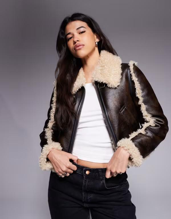 リバーアイランド レディース アウター ジャケット・ブルゾン ジャケット River Island faux shearling seam detail biker jacket in dark BROWN ブラウン