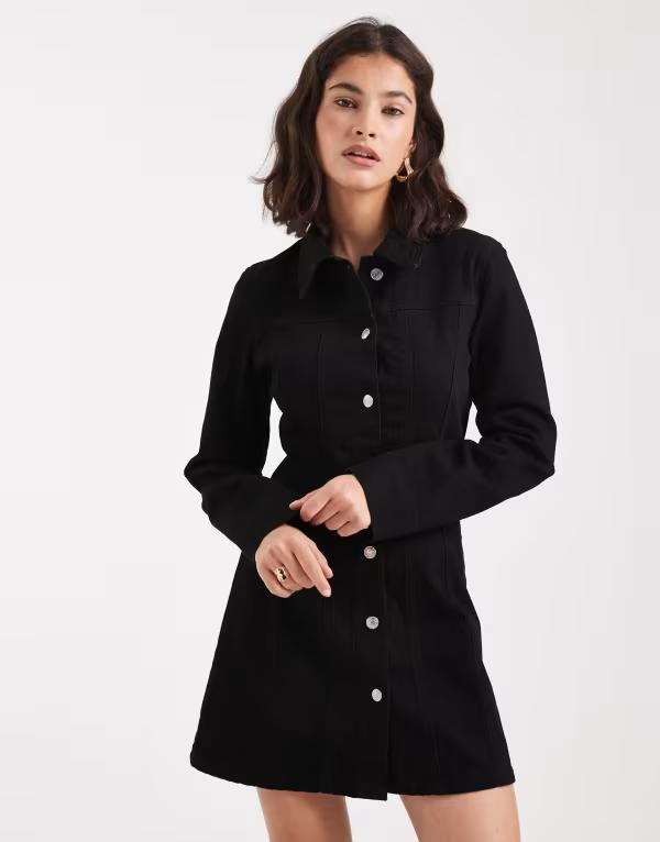 エイソス レディース トップス 衣装 プルオーバー衣装 ミニ プルオーバー ジーンズ ASOS DESIGN denim mini shirt dress with flare hem インチ clean Black 黒いこと