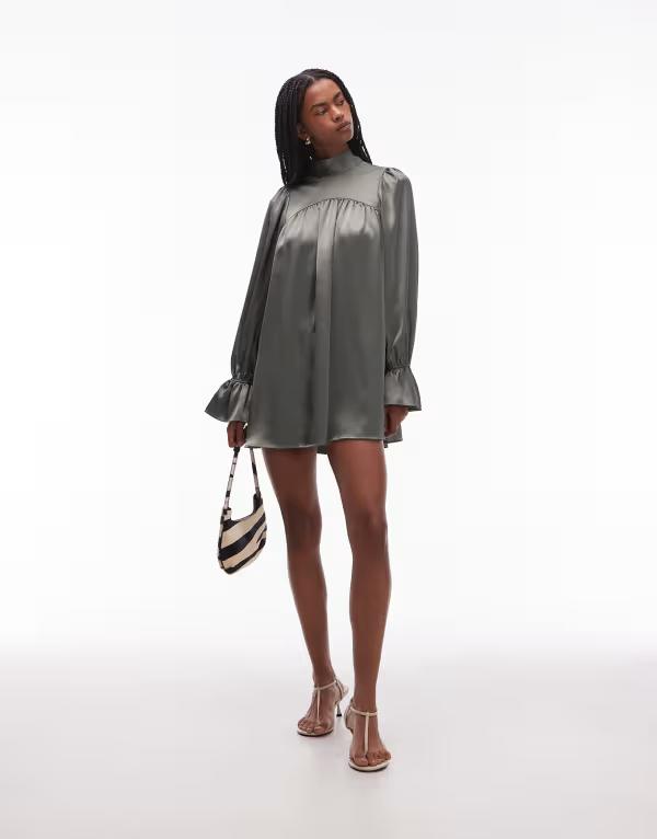 エイソス レディース トップス ワンピース ハイネック ミニワンピース ミニ サテン ASOS DESIGN satin high neck blouson sleeve mini dress Khaki カーキ