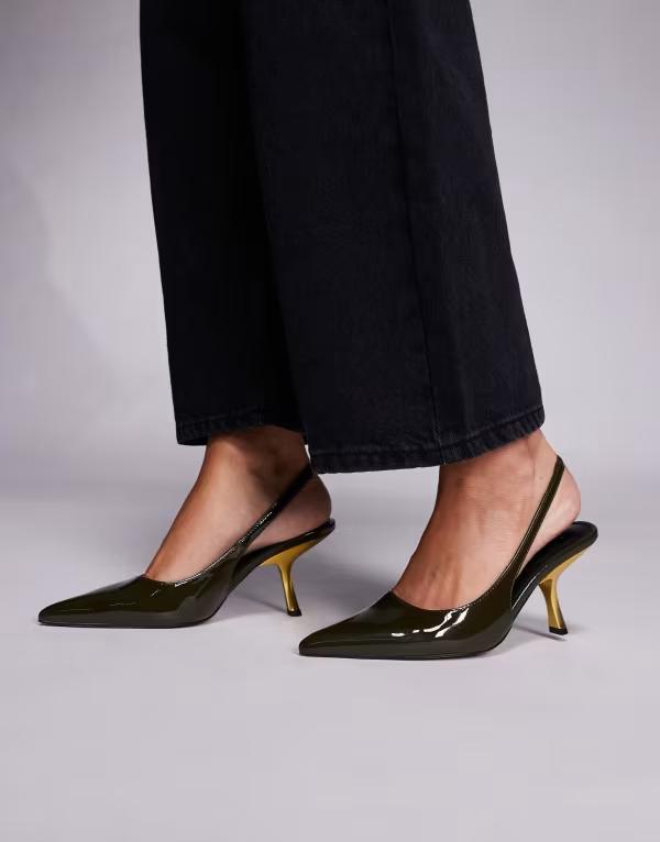 エイソス レディース シューズ 踵 対比 ASOS DESIGN Sophia contrast mid heel slingback shoes patent Dark green patent 緑であること ミュール-レディース靴