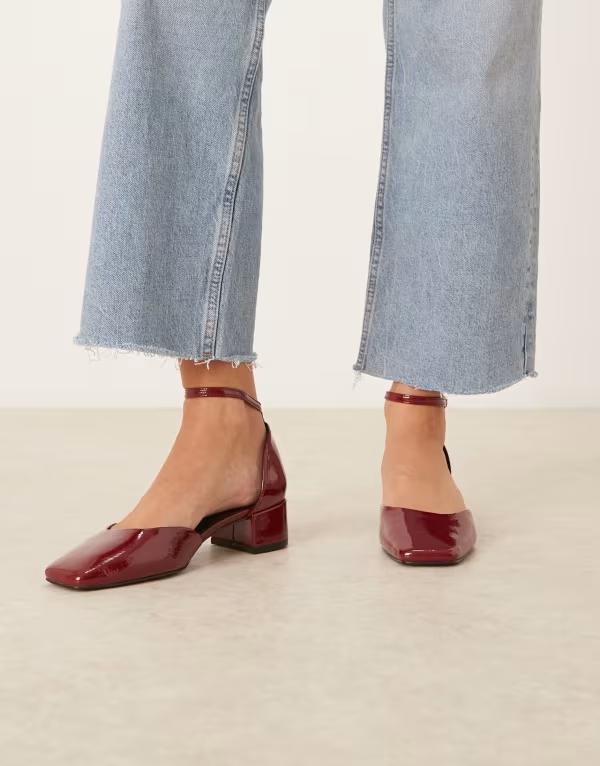 エイソス レディース シューズ 踵 ASOS DESIGN Sweet mid block heel shoes patent Dark Red Patent 赤いこと ミュール-レディース靴