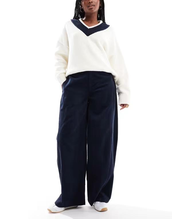 エイソス レディース ボトムス カジュアルパンツ パンツ ASOS DESIGN baby cord extreme horseshoe pants with seam detail Navy ネイビー