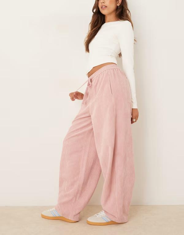 エイソス レディース ボトムス 心地好いズボン下 引っ切り無い コール天 ズボン下 ASOS DESIGN pull on straight leg corduroy pants インチ baby Baby Pink サクラ色