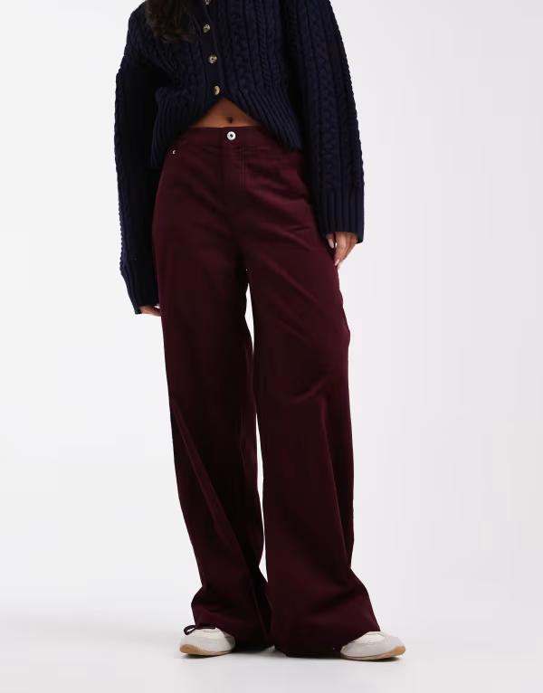 エイソス レディース ボトムス カジュアルパンツ ワイドレッグ コーデュロイ パンツ ASOS DESIGN corduroy wide leg pants pinstripes BURGUNDY PINSTRIPE バーガンディ｜ReVida 店