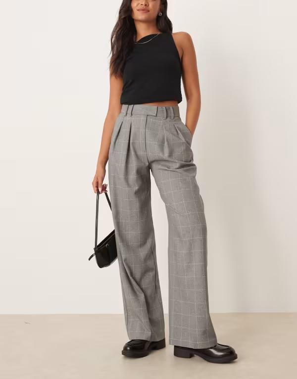エイソス レディース ボトムス 心地好いズボン下 ワイドレッグ 筋目 ズボン下 ASOS DESIGN tailored wide leg pants with pleated details インチ grid plaid Grid check 照合のしるし