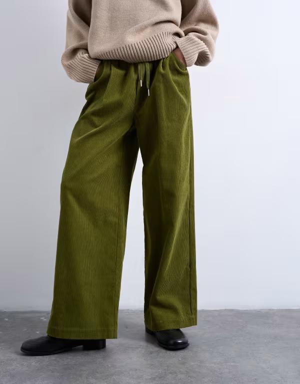トップショップ レディース ボトムス カジュアルパンツ ワイドレッグ コーデュロイ パンツ Topshop corduroy wide leg pants with drawstring GREEN グリーン 17,235円