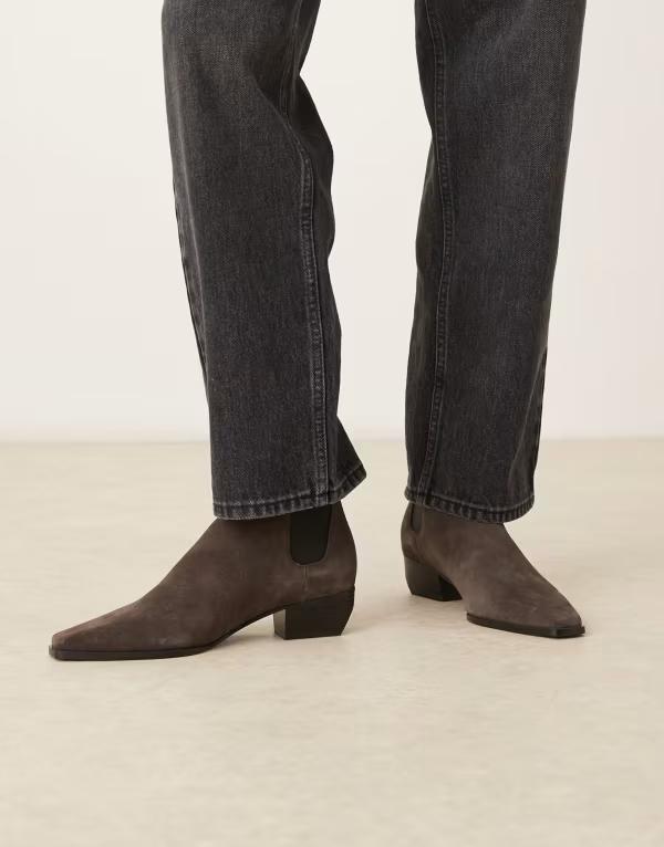 マンゴ レディース シューズ ブーツ・レインブーツ スエード アンクル ブーツ ヒール Mango suede square toe low heeled western ankle boots Gray グレー|ReVida 店
