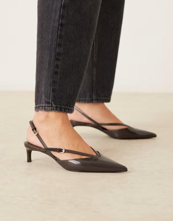 マンゴ レディース シューズ ヒール レザー フェイクレザー Mango faux leather strappy pointed heeled slingback shoes in charcoal CHARCOAL チャコール